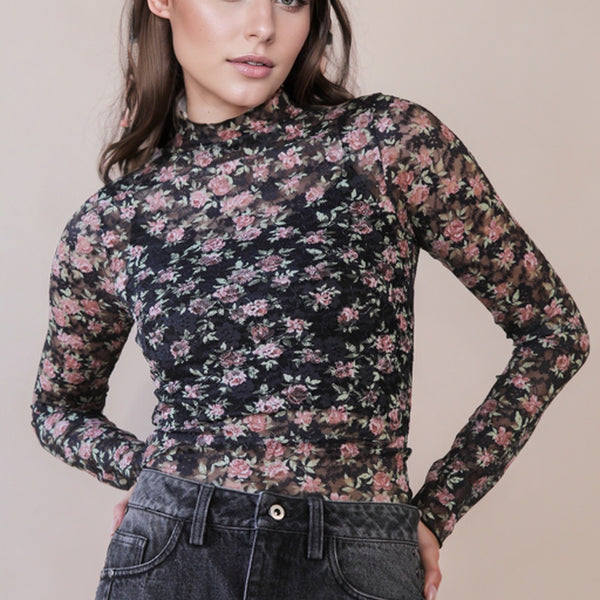 High Neck Fitted Sheer Mesh Lace Knit Top in Black Floral