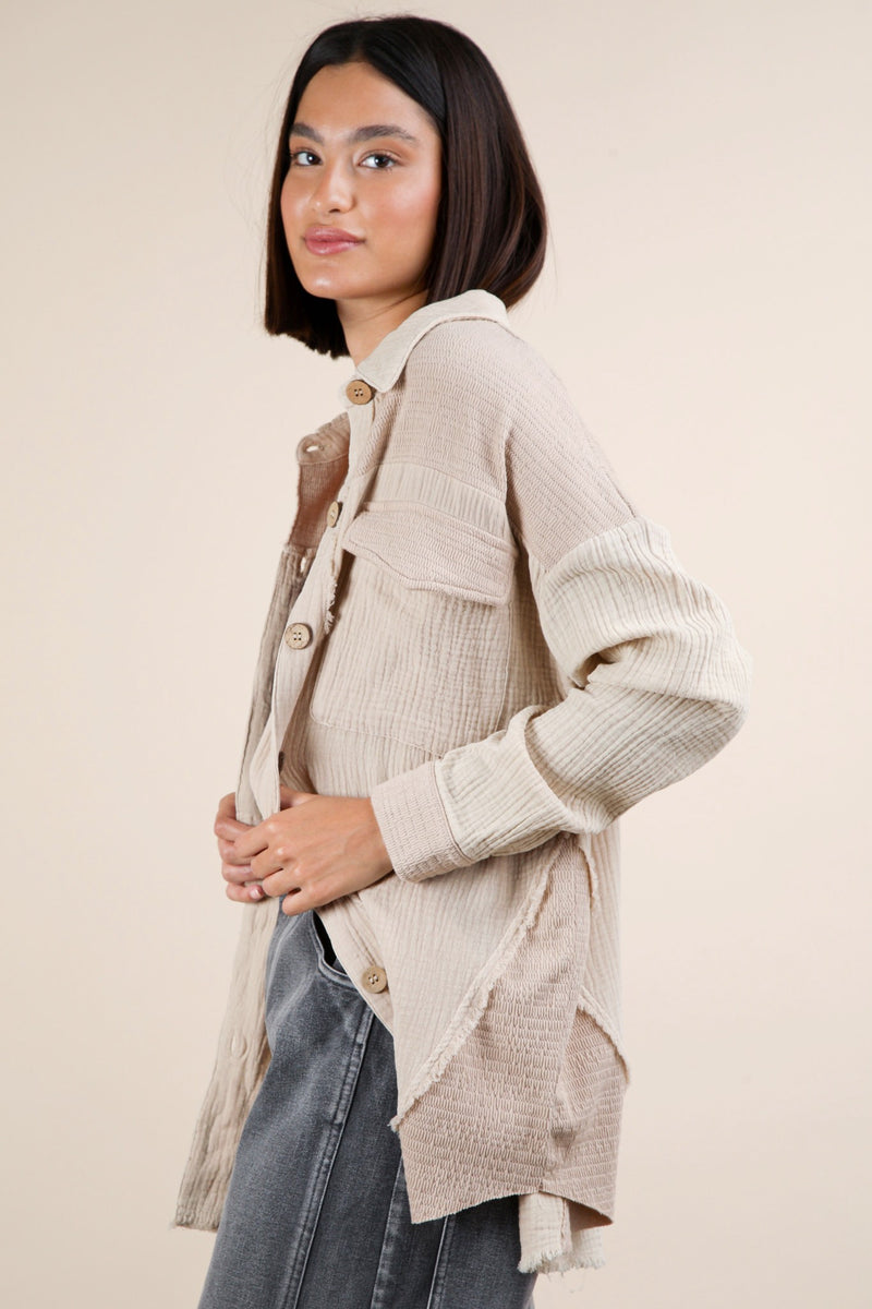 Mineral Washed Oversized Gauze Shacket Jacket in Taupe
