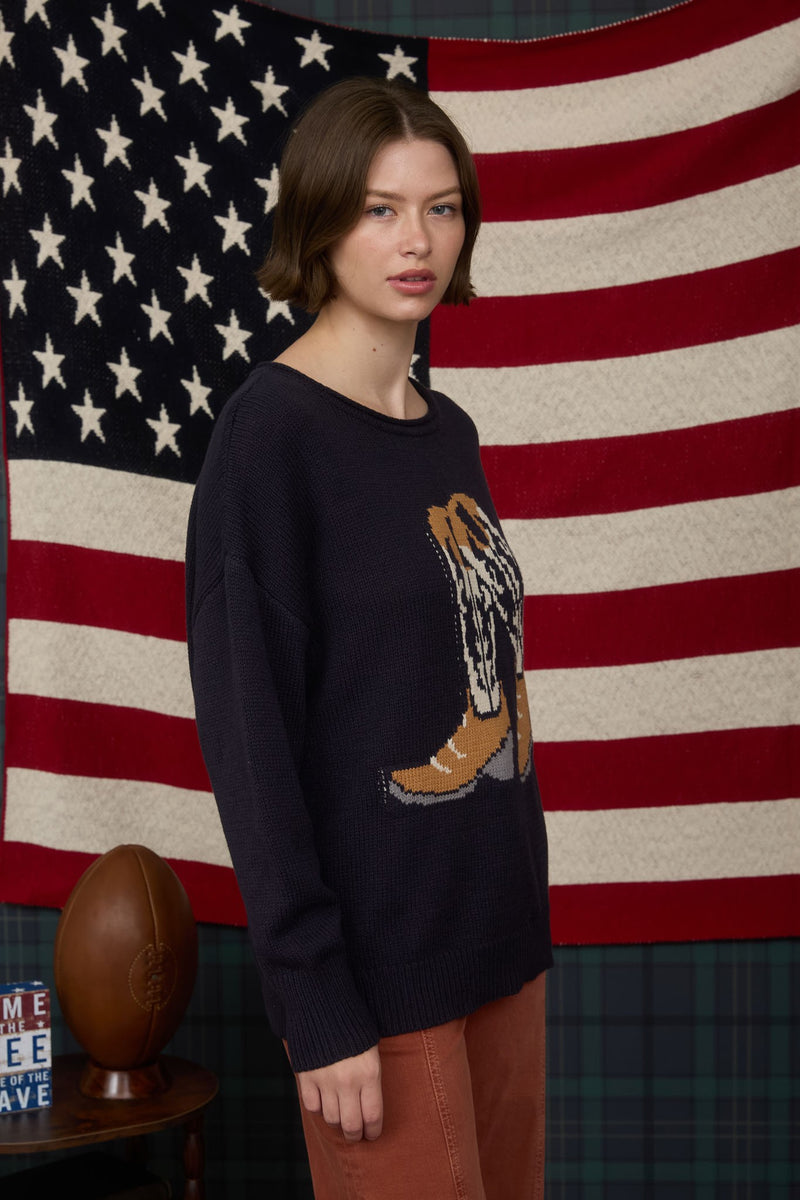 Western Boot Jacquard Long Sleeve Knit Sweater in Navy
