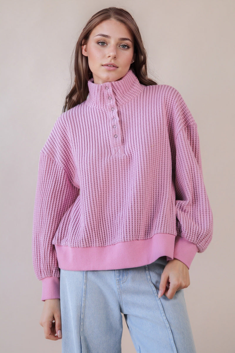 Oversized Half Button Down Casual Waffle Knit Top in Pink
