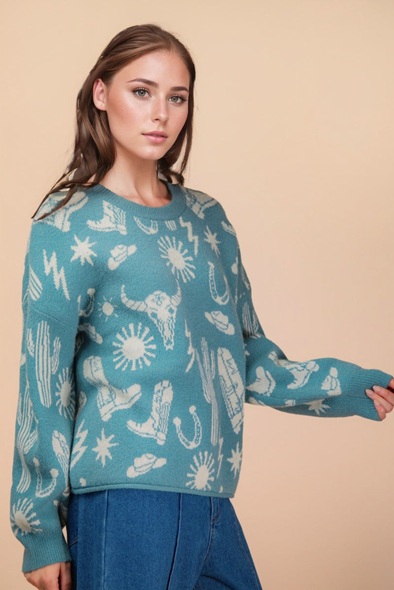 Western Graphic Oversized Knit Sweater Top in Sage