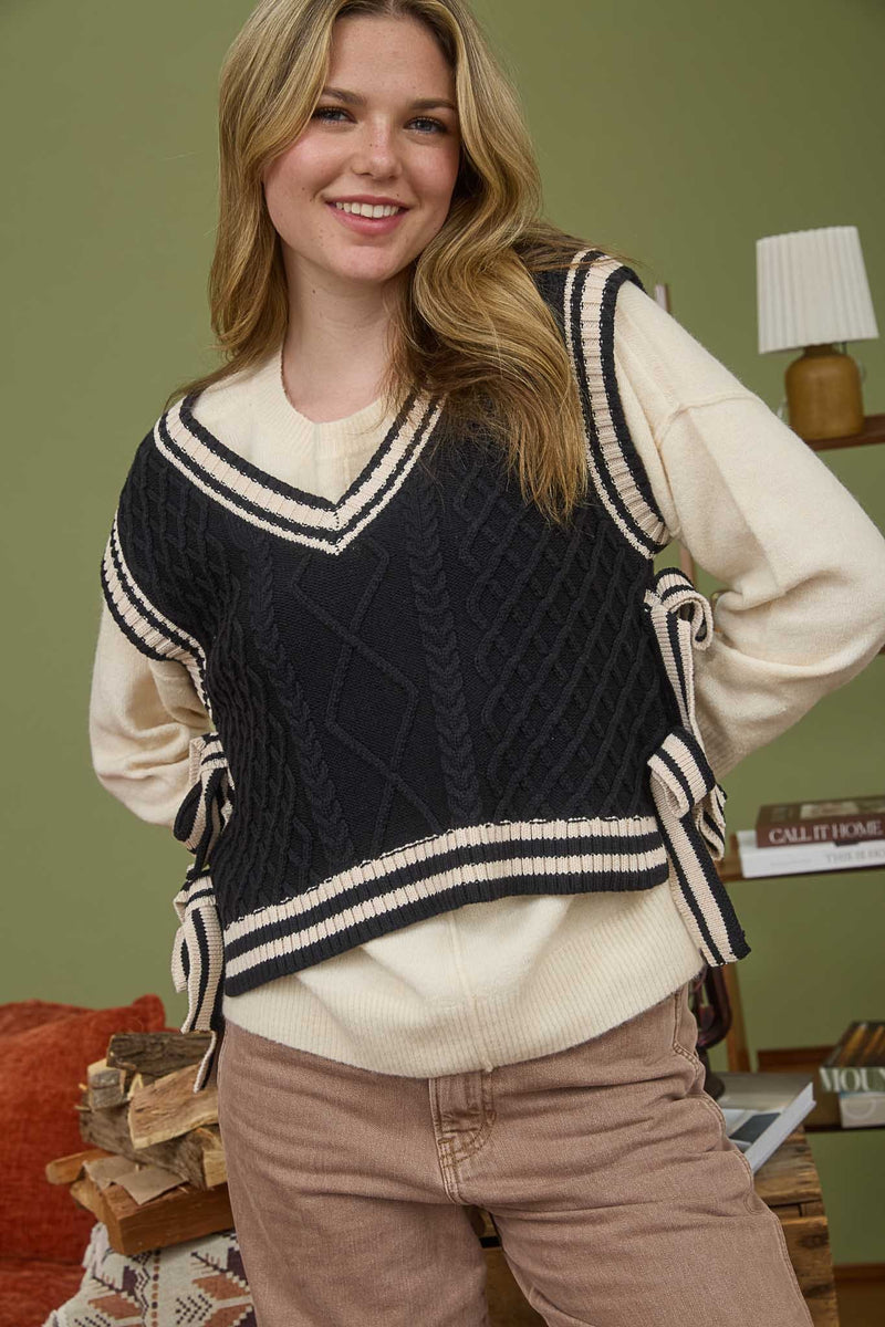 Contrast Line Trim Side Tie Knit Sweater Vest in Black