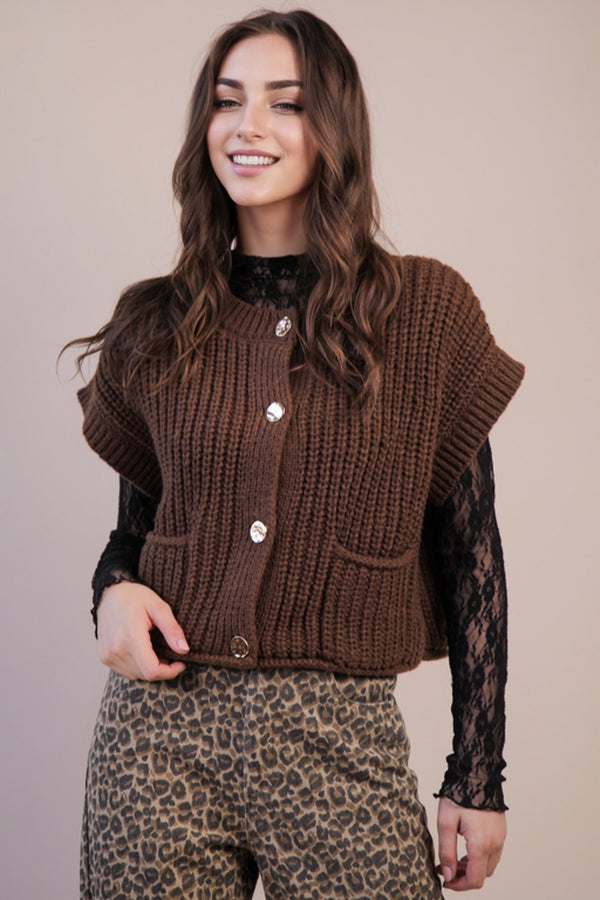 Oversized Button Down Knit Sweater Top in Chocolate