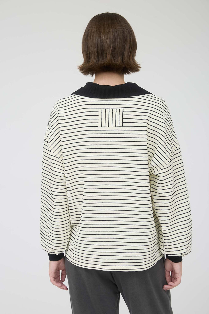 Contrast Collar Stripe Long Sleeve Knit Top in Ivory