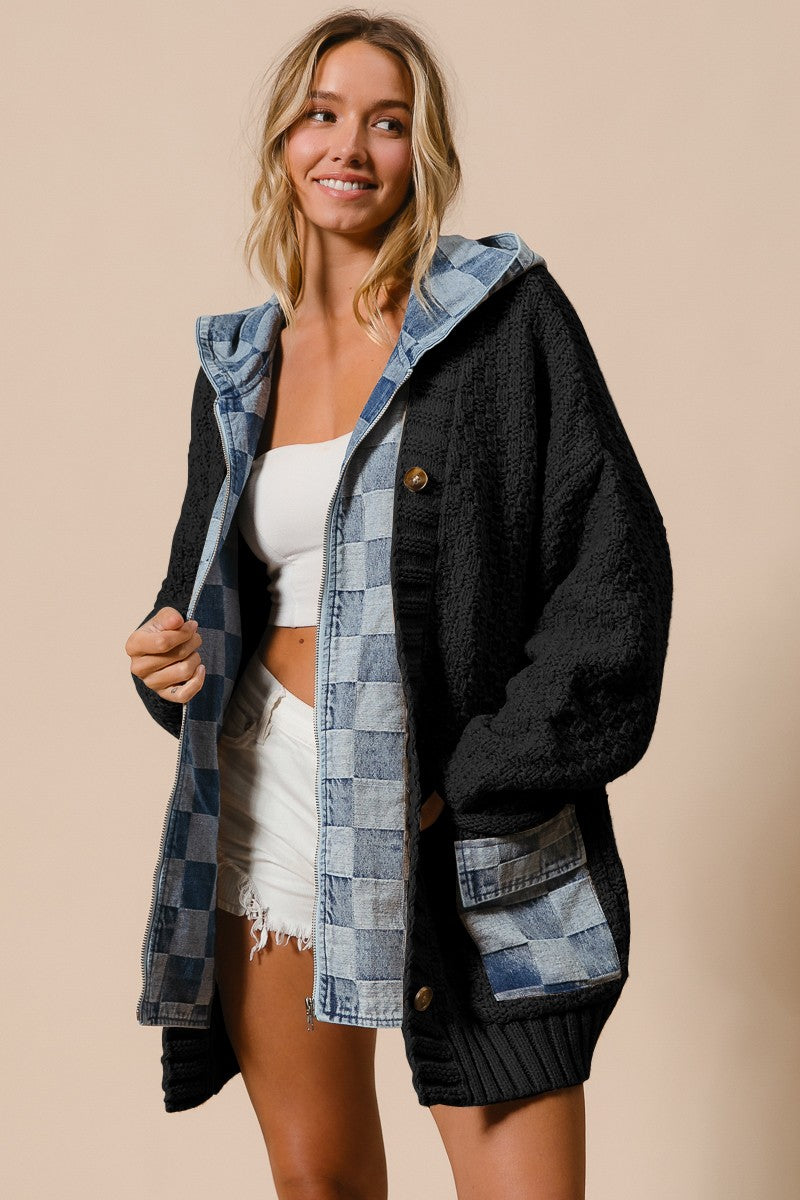 Washed Checker Denim Zip Up Sweater Cardigan (Sizes S-XL)