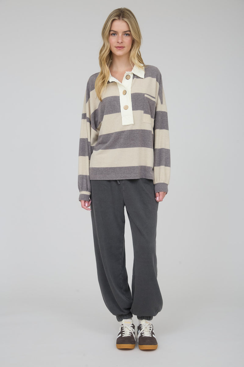 Washed Stripe Contrast Collar Long Sleeve Knit Top in Taupe