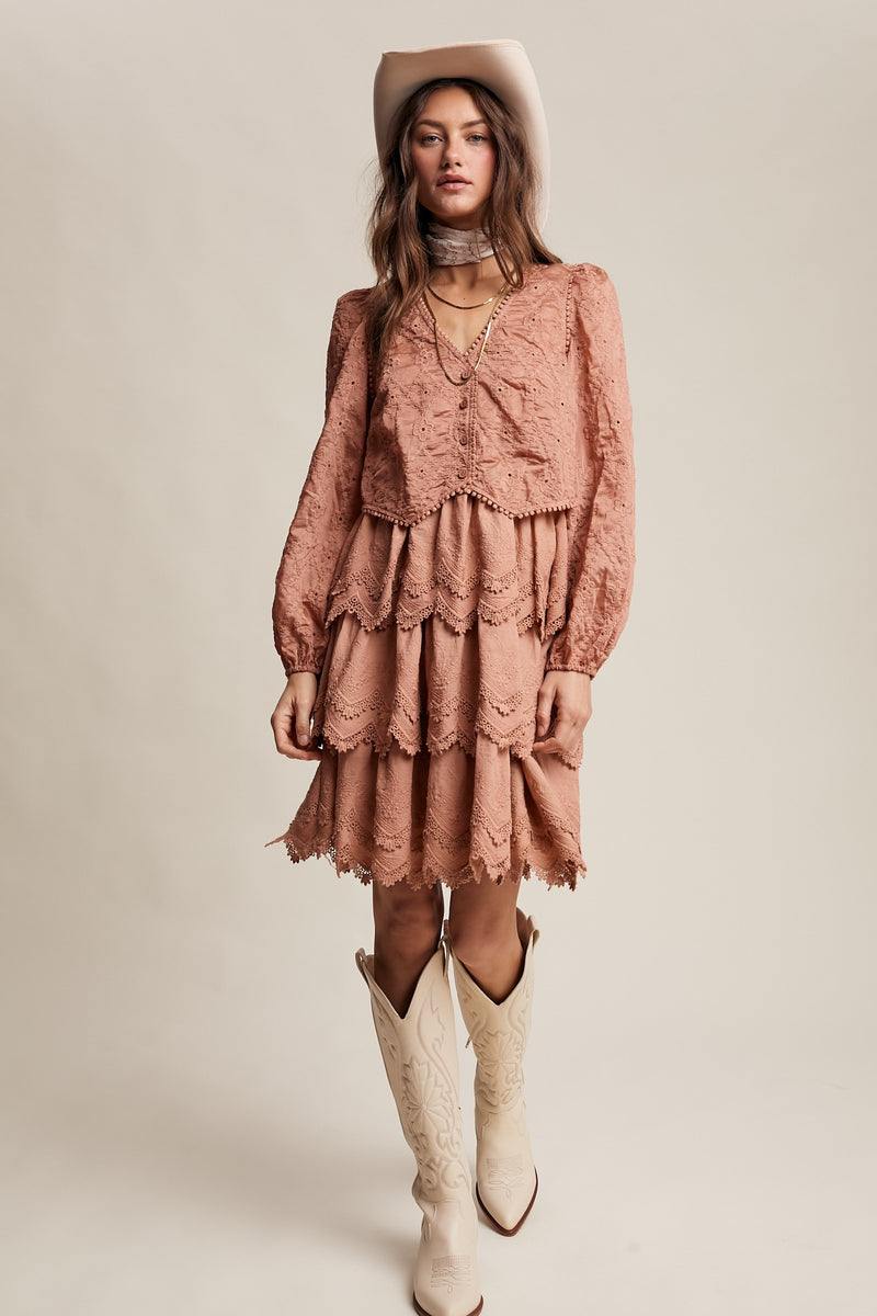 Tiered Scallop Embroidered Mini Dress in Terracotta