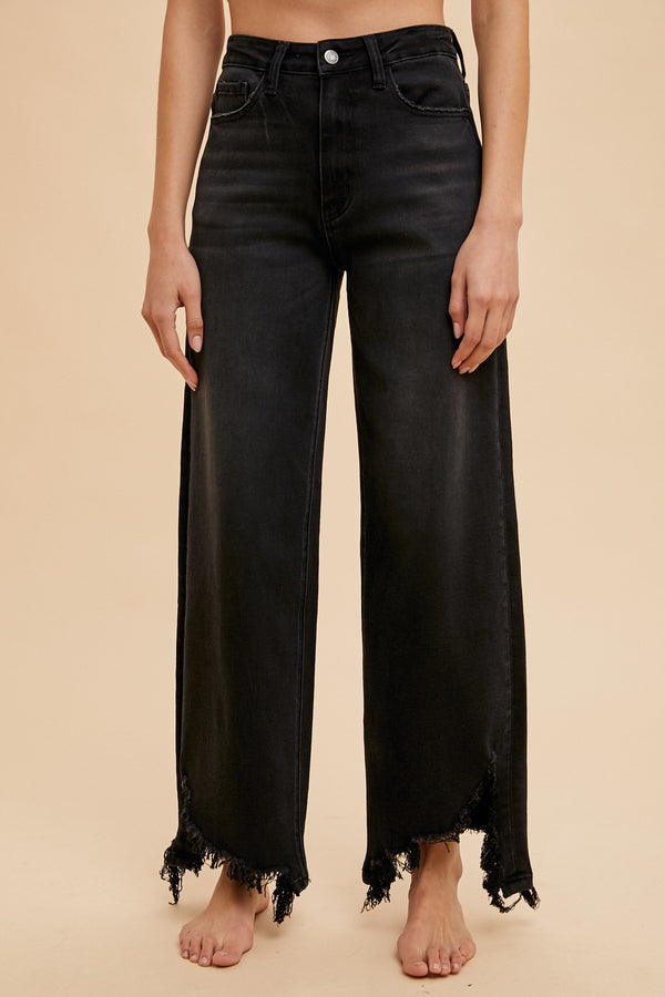 Asymmetrical Distressed Hem Straight Fit Jeans in Black (S-XL available)