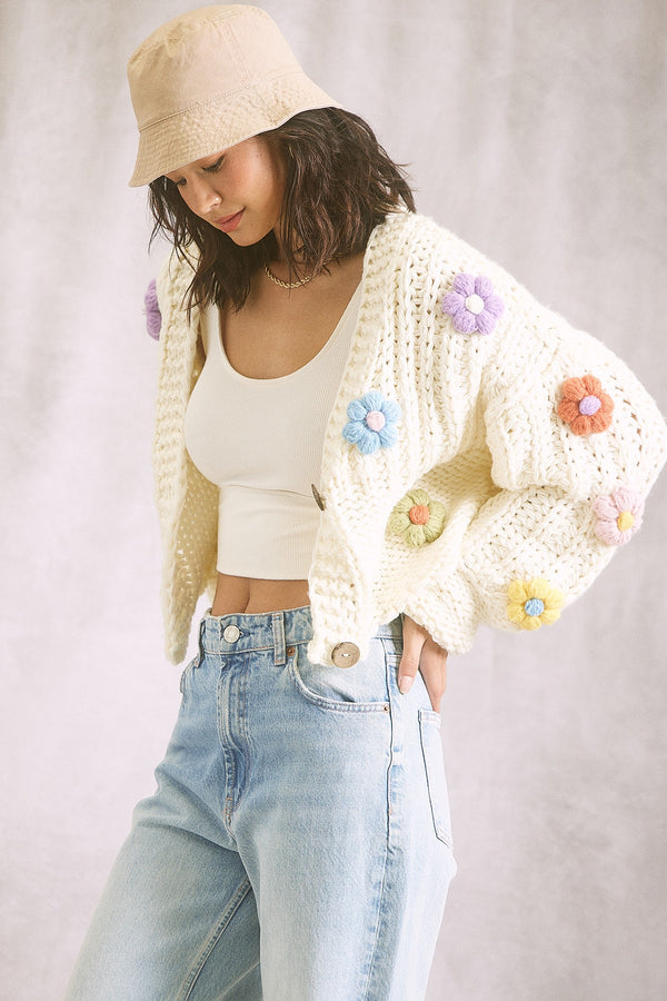 Chunky Knit Flower Cropped Cardigan