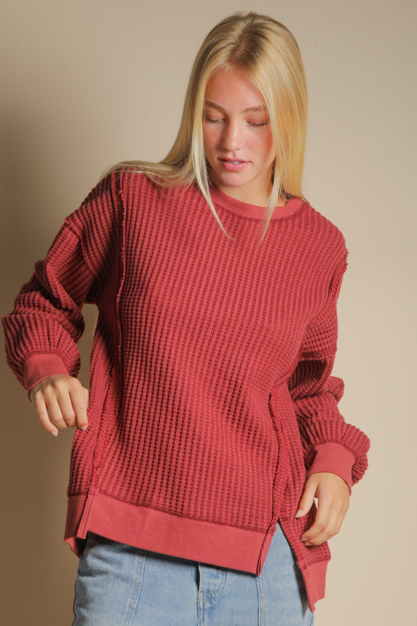 Oversized Waffle Knit Casual Top in Burgundy