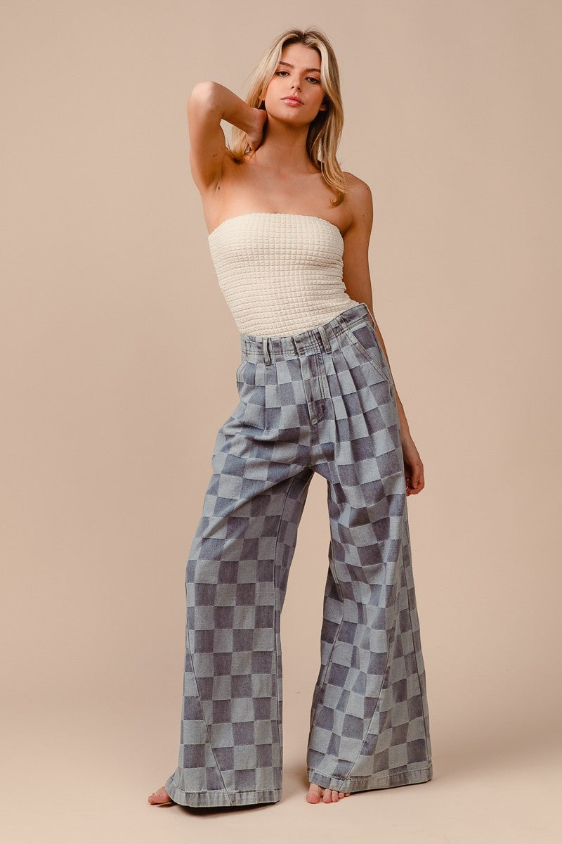 Washed Two Tone Checker Wide Pants (Available S-XL)