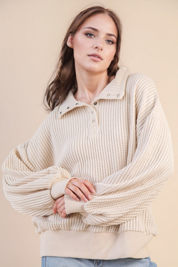 Oversized Half Button Down Casual Waffle Knit Top in Cream
