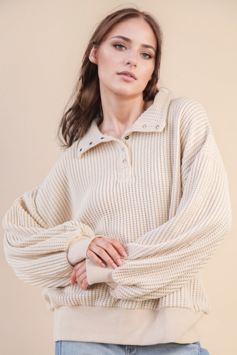 Oversized Half Button Down Casual Waffle Knit Top in Cream