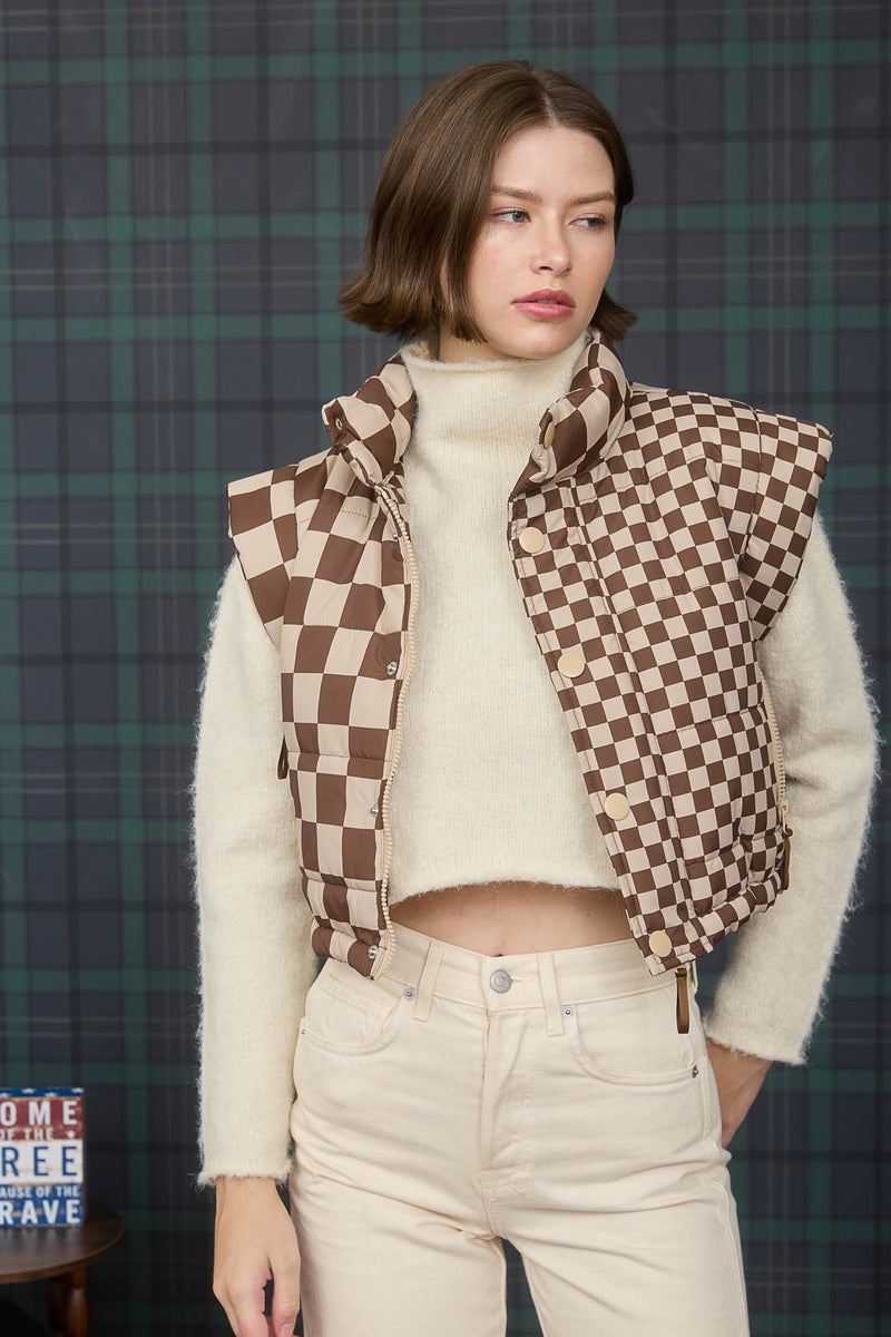 Checkered Cropped Zip-up Puffer Vest in Brown