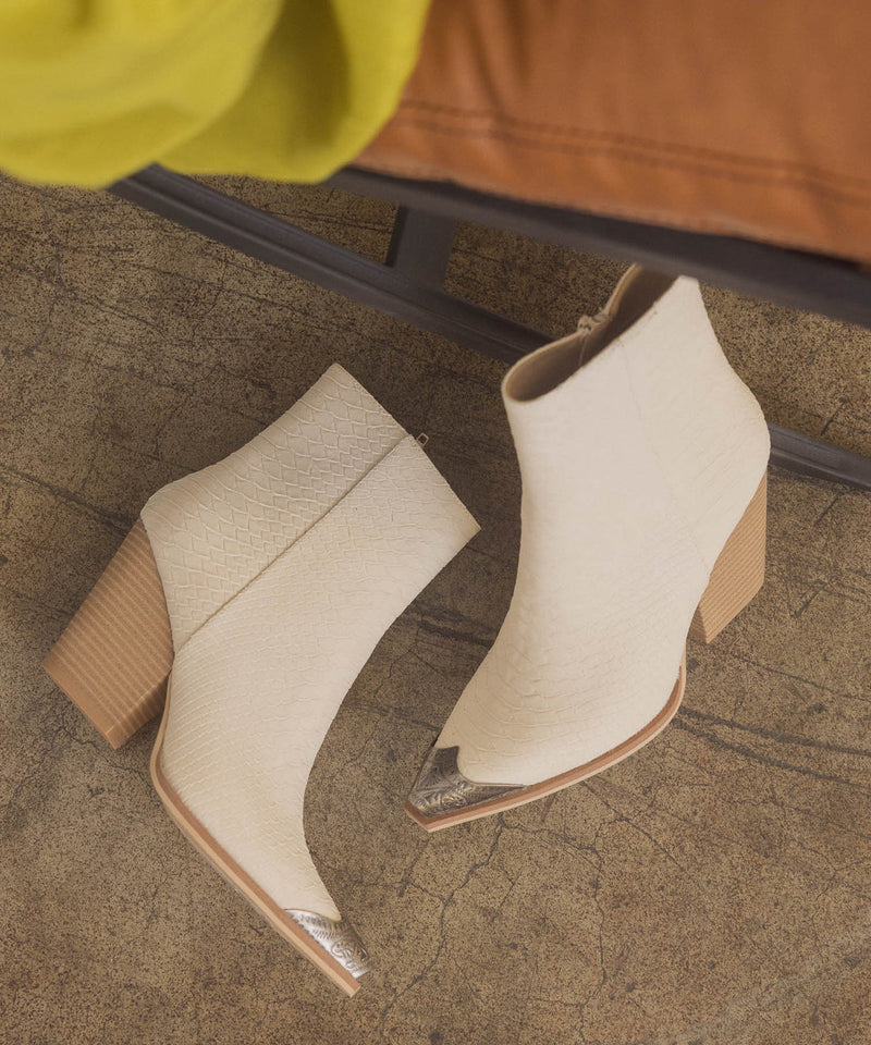 The Zion Beige | Elegant bootie with etched metal toe | by Oasis Society