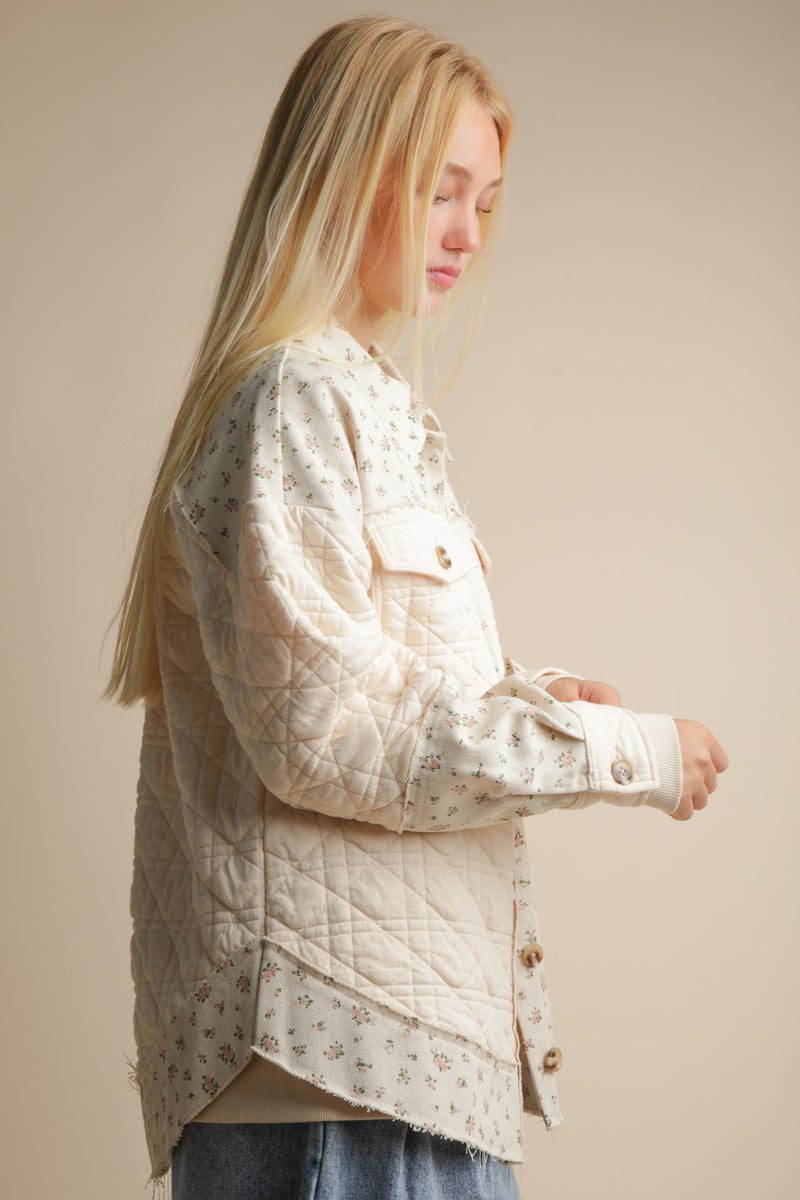 Oversized Floral Printed Contrast Cotton Jacket in Cream