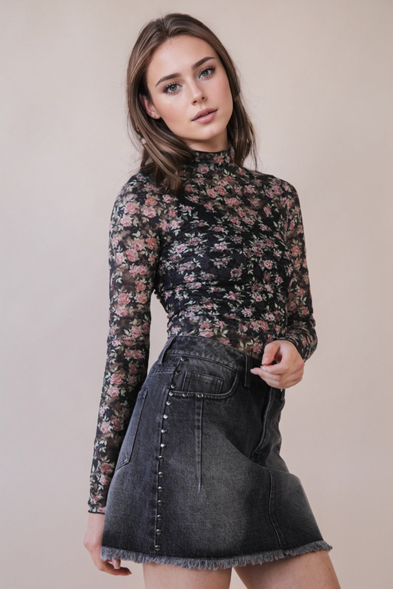 High Neck Fitted Sheer Mesh Lace Knit Top in Black Floral