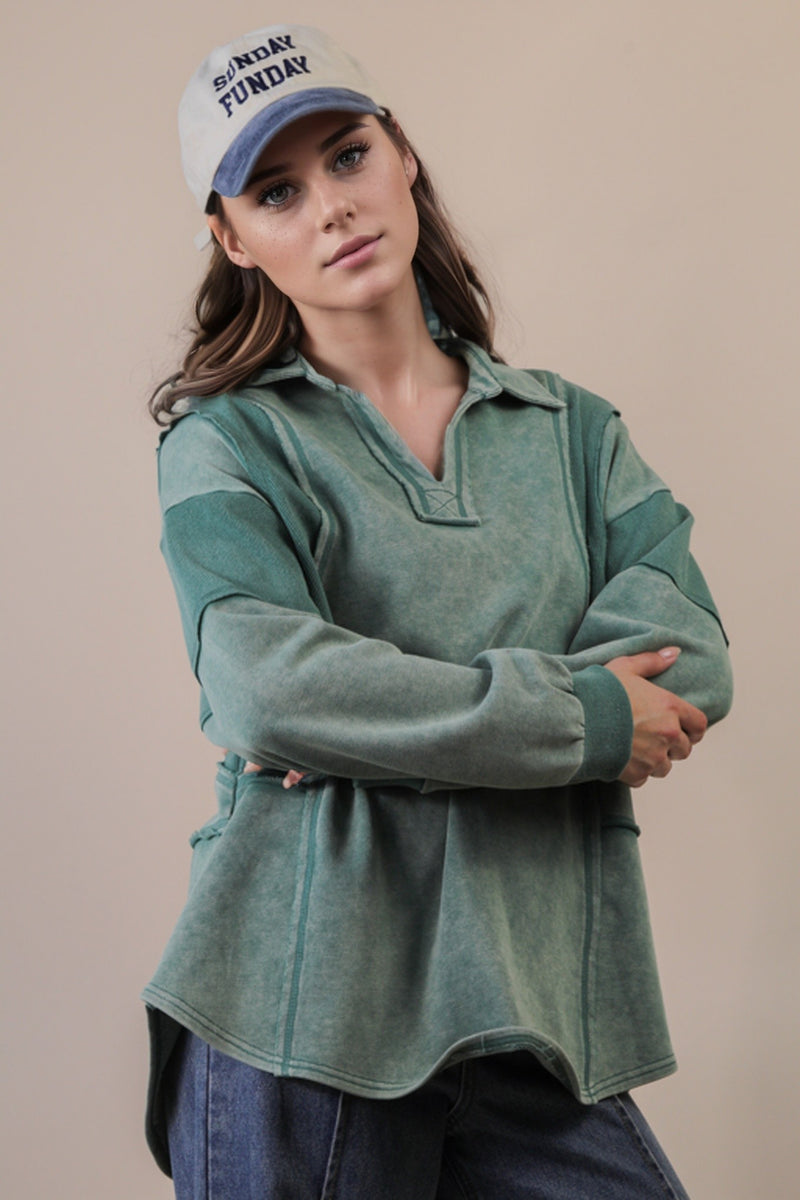 Mineral Washed Oversized French Terry Knit Top in Sage