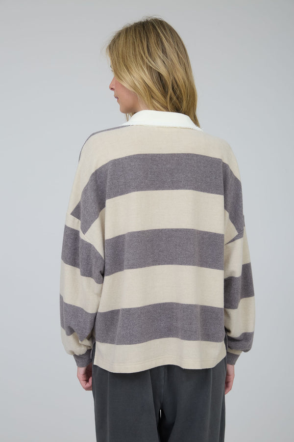 Washed Stripe Contrast Collar Long Sleeve Knit Top in Taupe