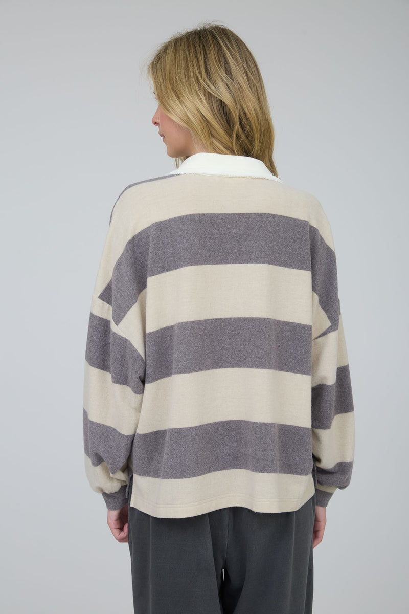 Washed Stripe Contrast Collar Long Sleeve Knit Top in Taupe