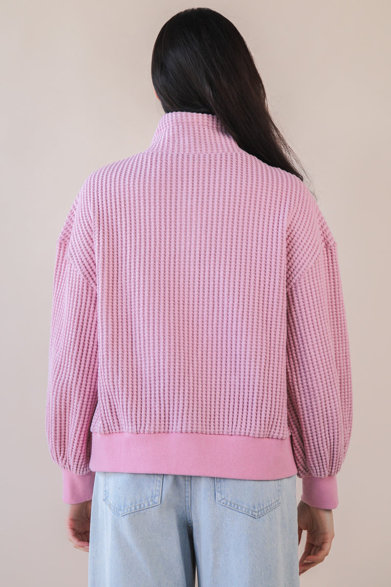 Oversized Half Button Down Casual Waffle Knit Top in Pink