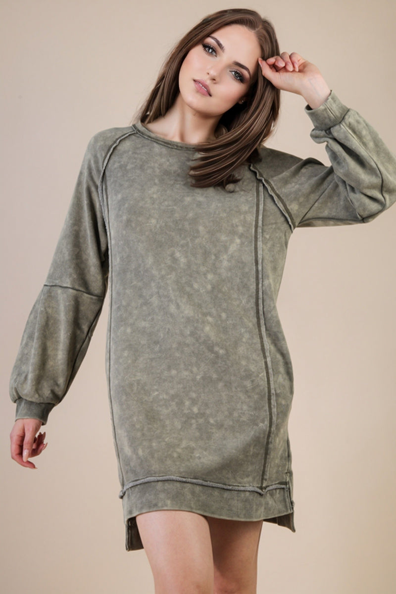 Mineral Washed Raglan Sleeve Casual Mini Dress
