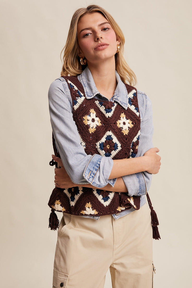 Crochet Granny Square Tassel Tie Vest in Mocha