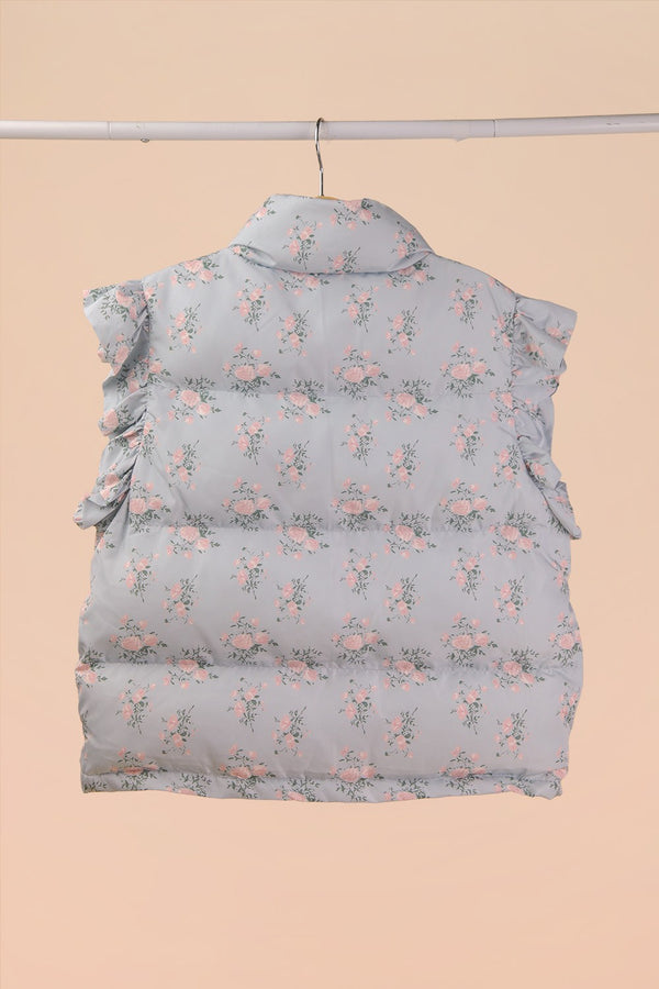 Front Bow Ruffle Sleeve Puffer Vest in Blue Floral