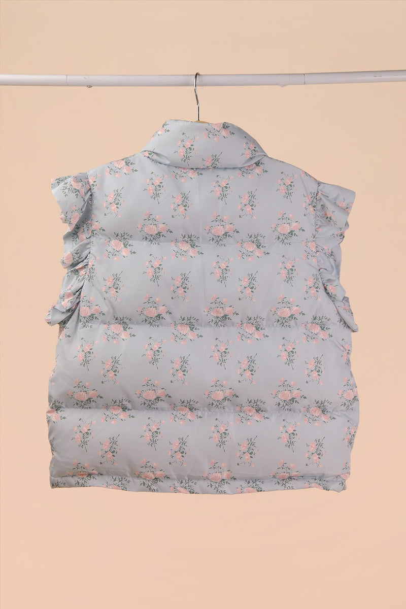 Front Bow Ruffle Sleeve Puffer Vest in Blue Floral