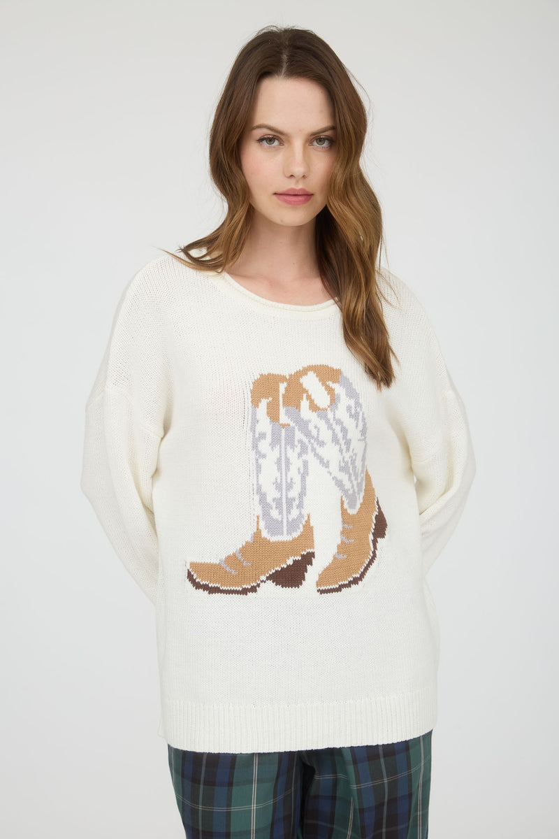 Western Boot Jacquard Long Sleeve Knit Sweater in Ivory