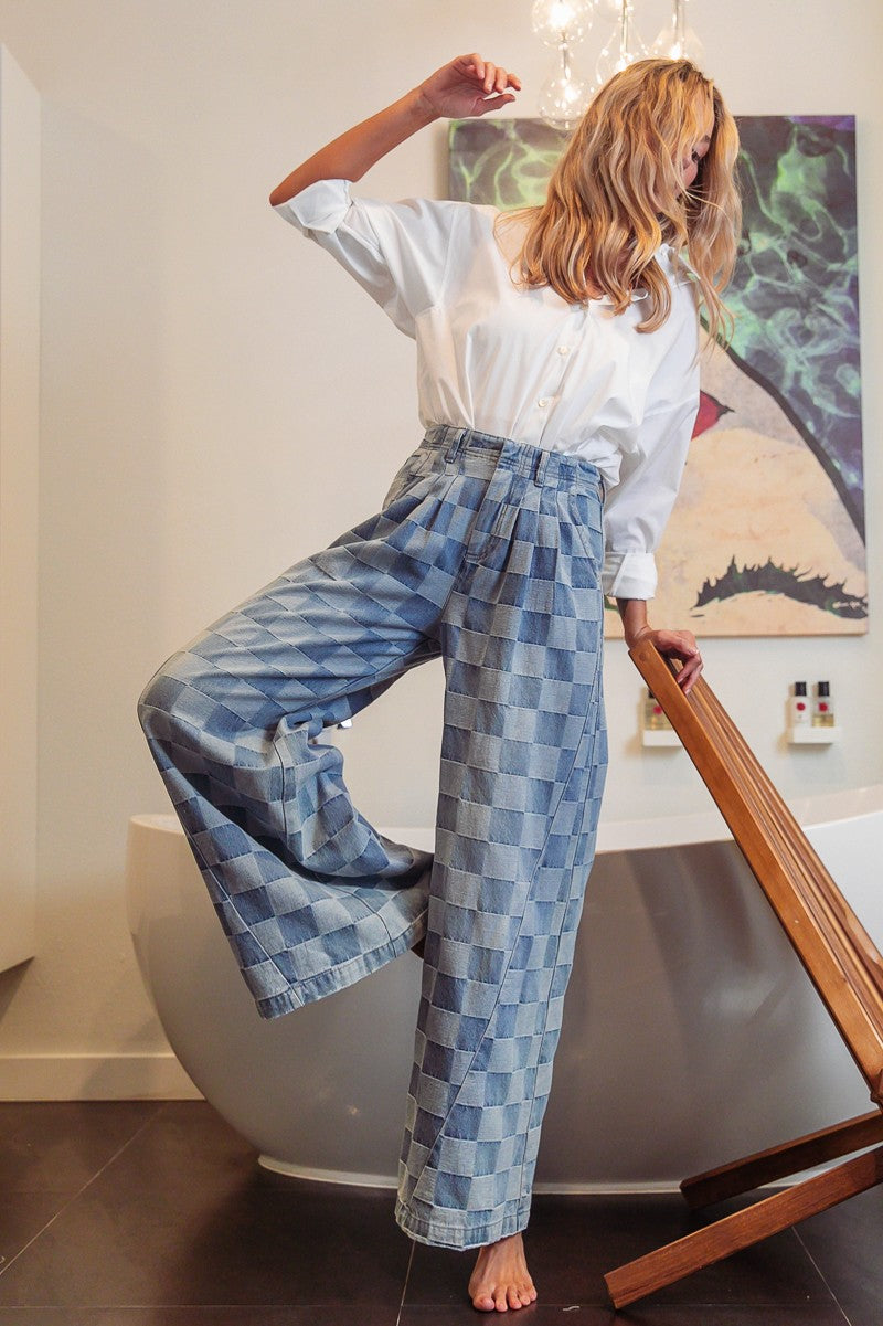 Washed Two Tone Checker Wide Pants (Available S-XL)