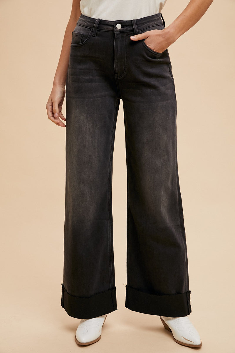 90s Stretch Cuffed Hem High Rise Straight Jeans in Black (S-XL available)