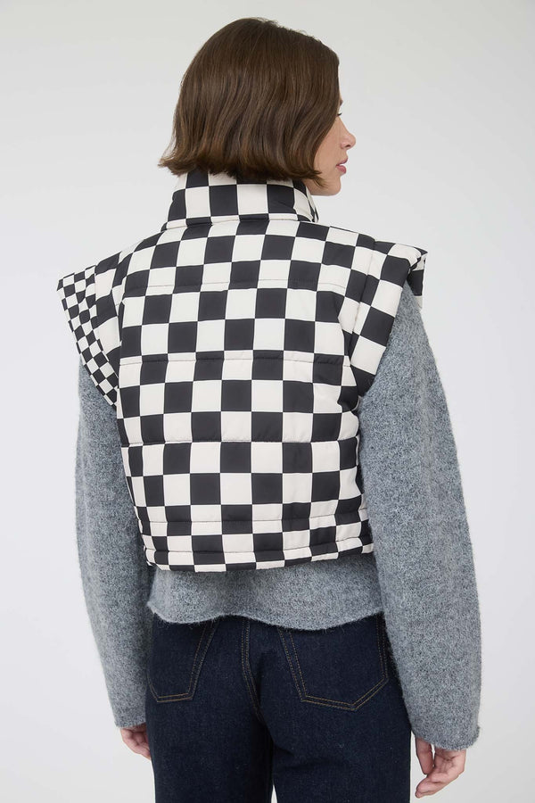 Checkered Cropped Zip-up Puffer Vest in Black
