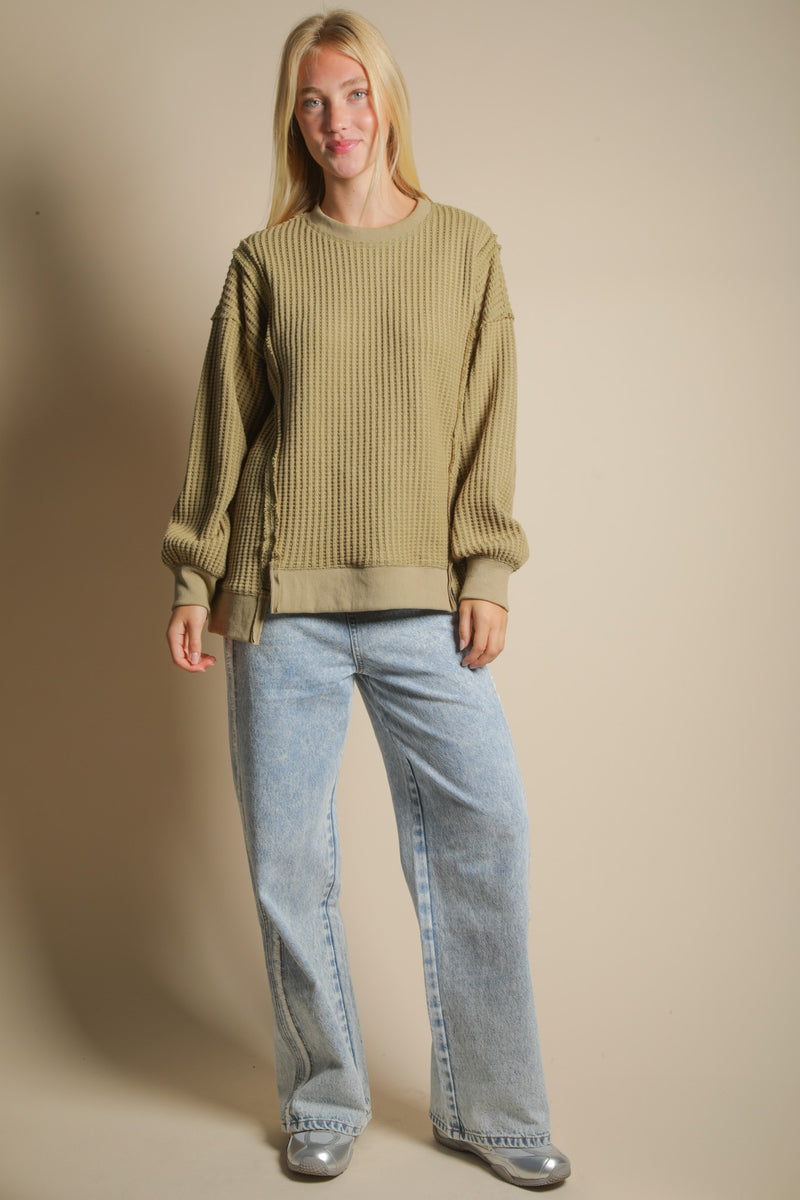 Oversized Waffle Knit Casual Top in Olive