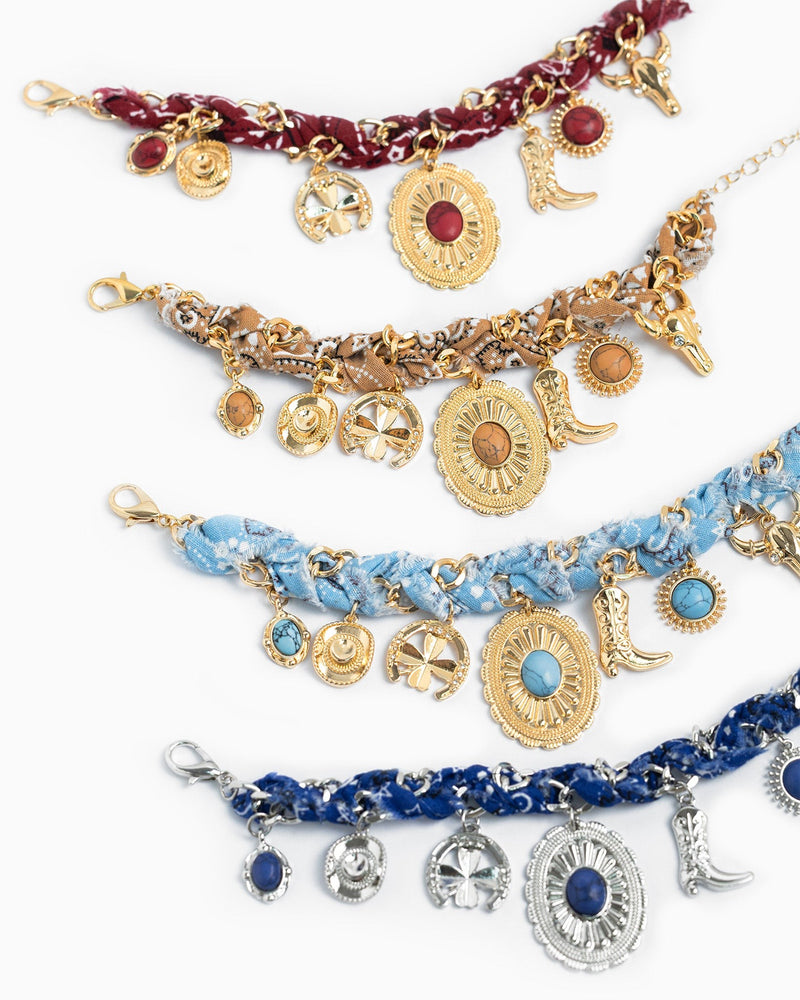 Paisley Scarf Western Concho Multi Charm Bracelet in Burgundy