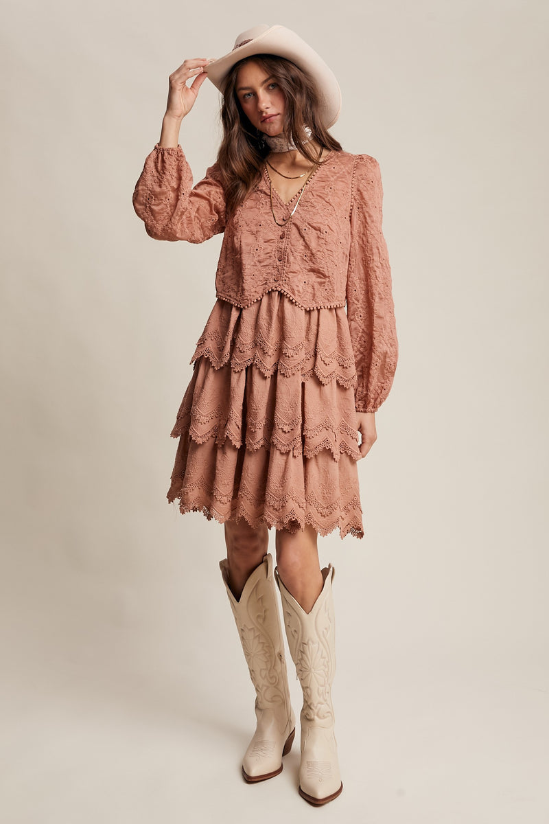 Tiered Scallop Embroidered Mini Dress in Terracotta