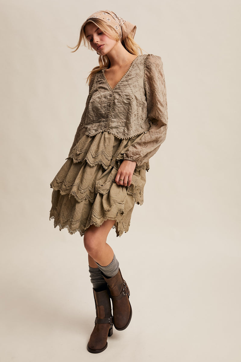 Tiered Scallop Embroidered Mini Dress in Olive