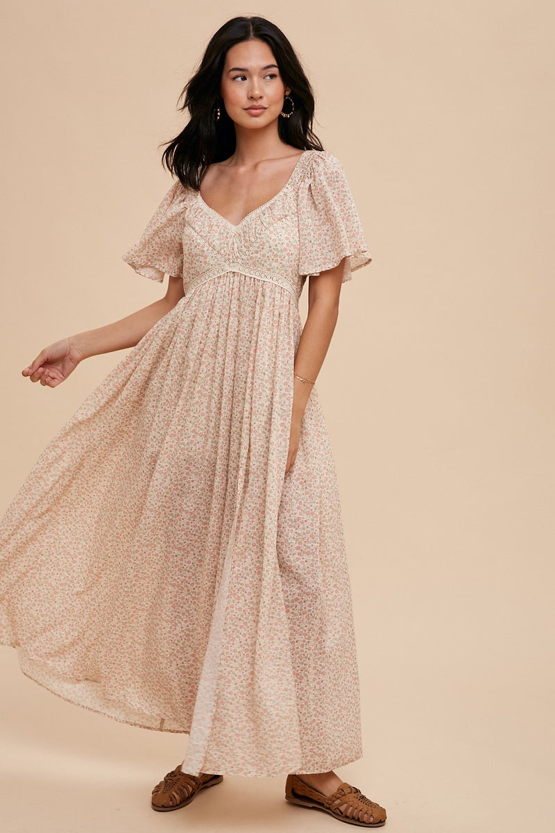 COTTON LACE INSET FLUTTER SLEEVE FLORAL DRESS in Rose