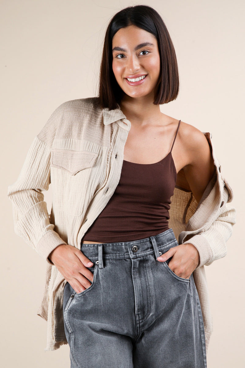 Mineral Washed Oversized Gauze Shacket Jacket in Taupe