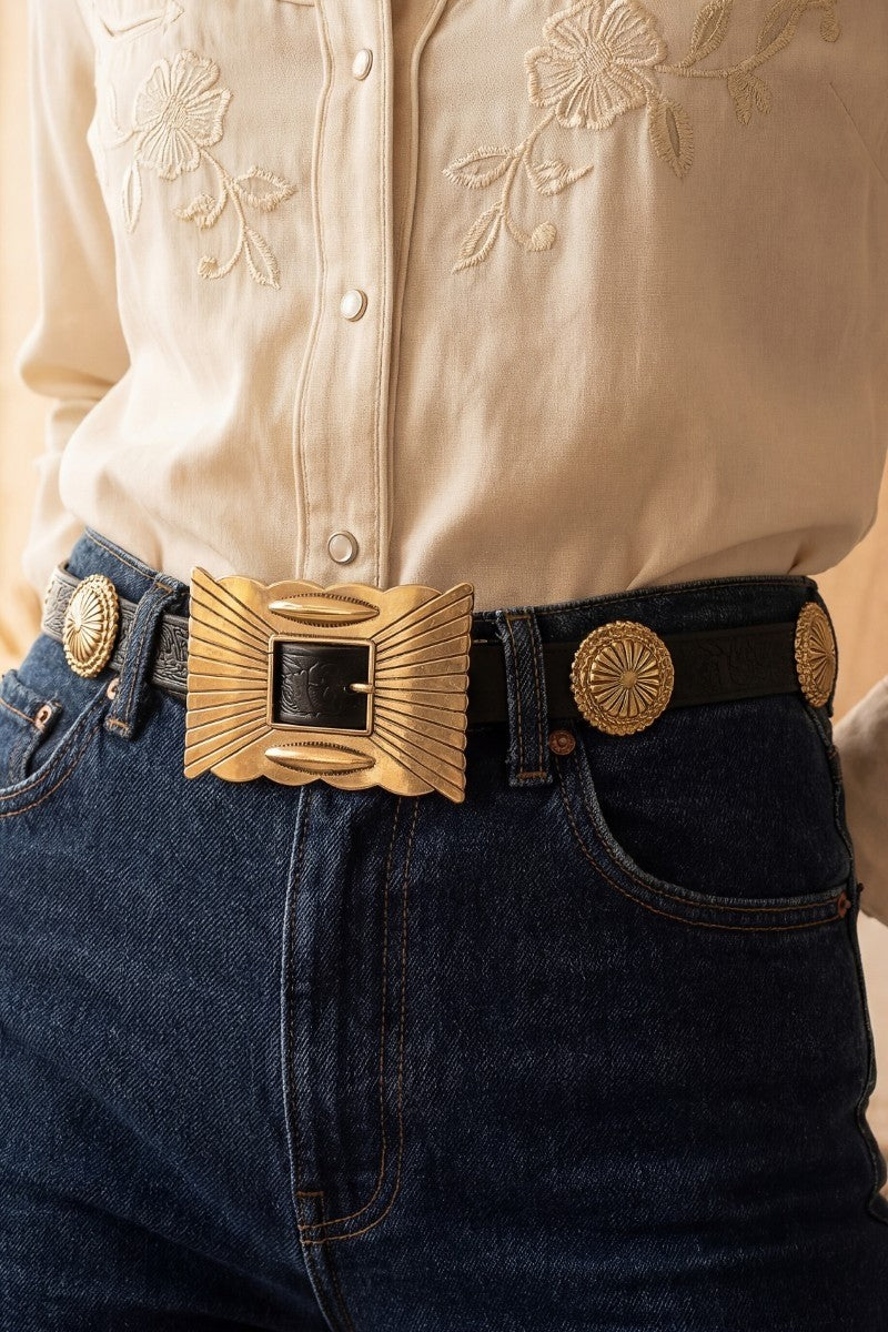 Black Vegan Leather Belt with Gold Medallion Disc Gold Black - Embroidered Vegan Leather Concho Disc Belt  main image 2