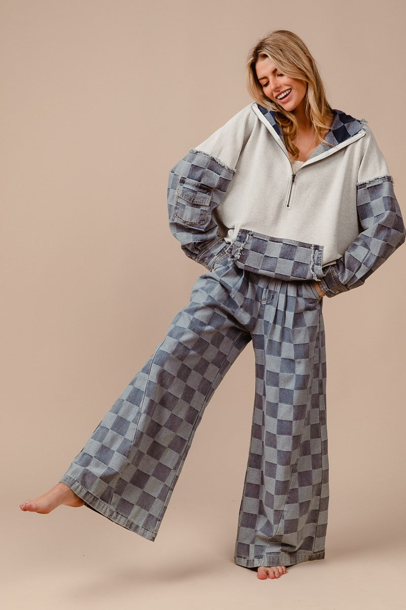 Washed Two Tone Checker Wide Pants (Available S-XL)