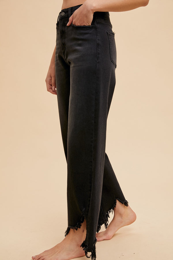 Asymmetrical Distressed Hem Straight Fit Jeans in Black (S-XL available)