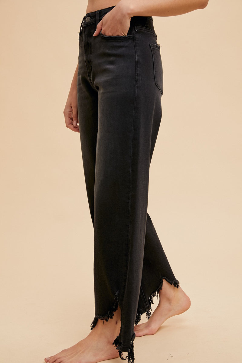 Asymmetrical Distressed Hem Straight Fit Jeans in Black (S-XL available)