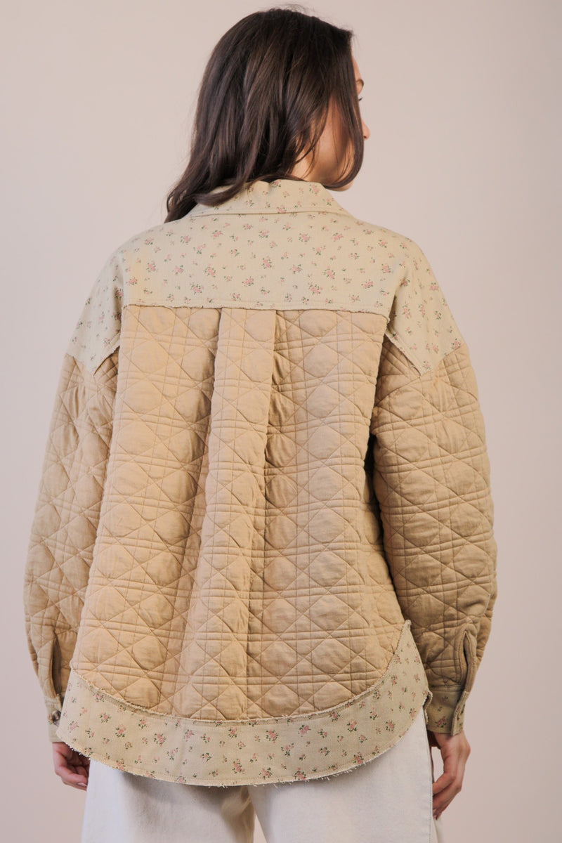 Oversized Floral Printed Contrast Cotton Jacket in Mocha