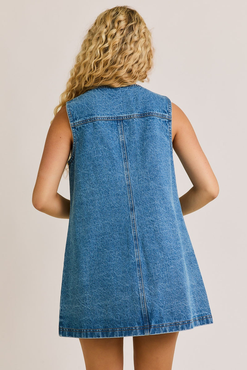 Sleeveless Round Neck Button Down Denim Mini Dress (Comes XS-L)