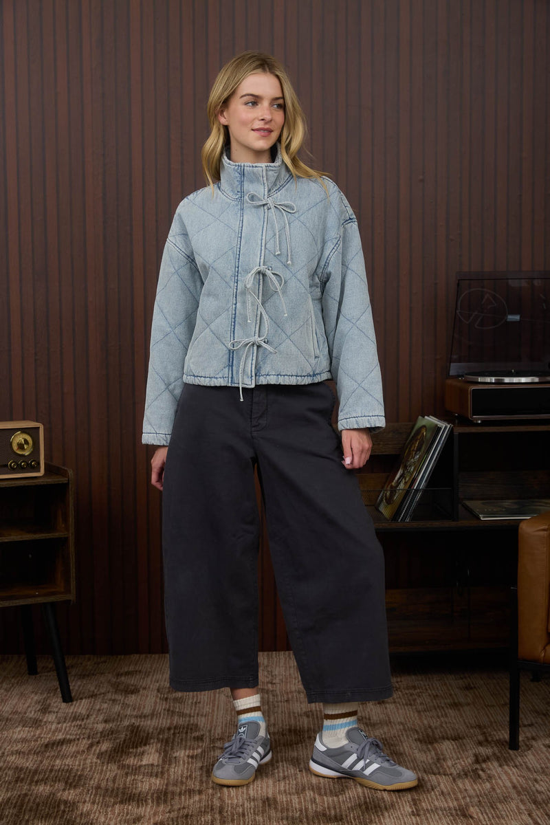 Washed Denim Quilted Front Tie Puffer Jacket