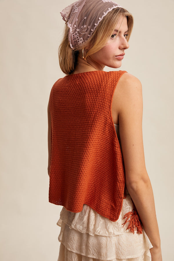 Crochet Granny Square Tassel Tie Vest in Rust