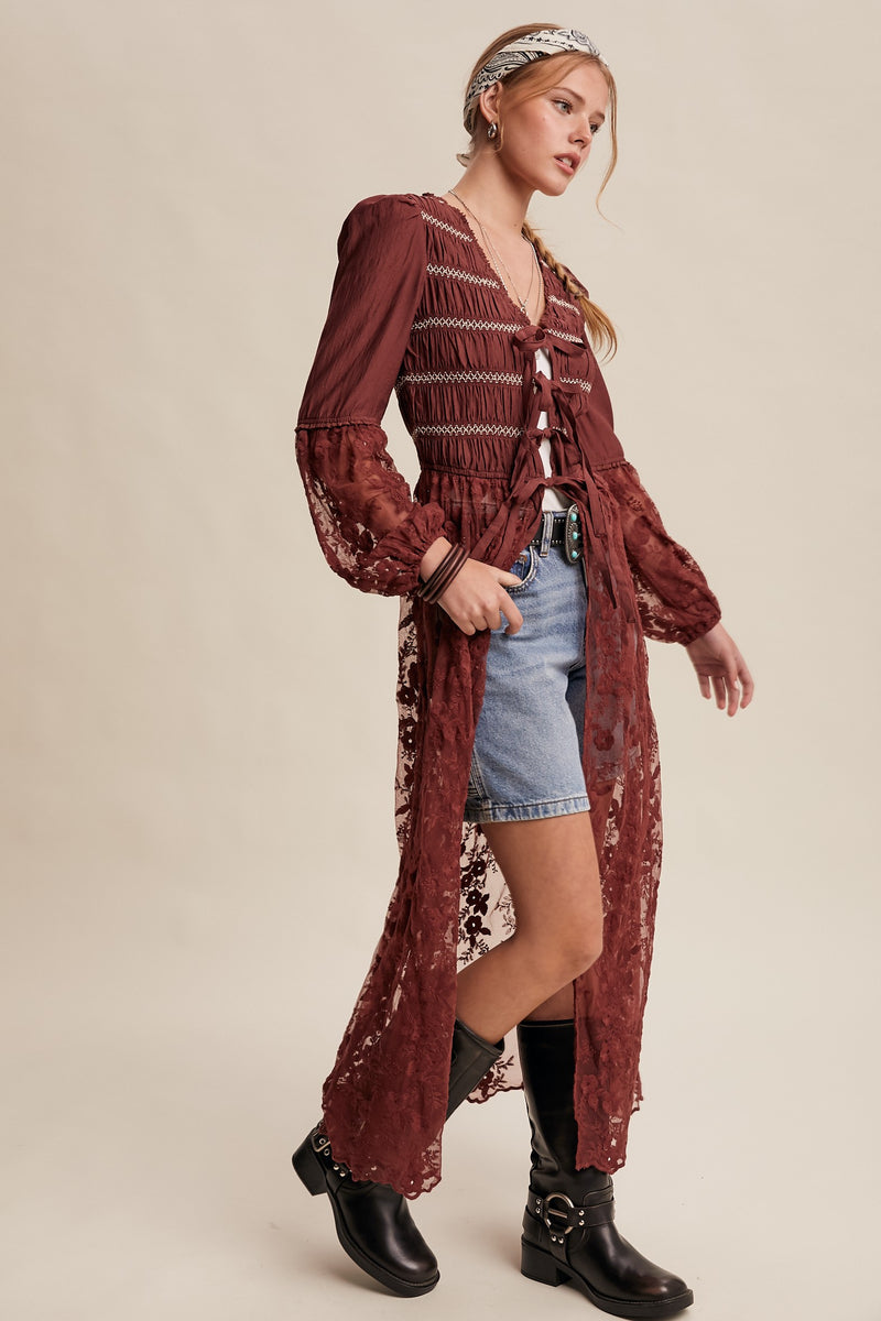 Lace-up Embroidered Maxi Kimono
