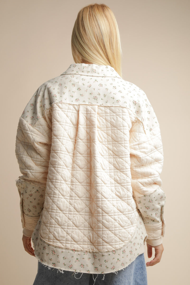 Oversized Floral Printed Contrast Cotton Jacket in Cream