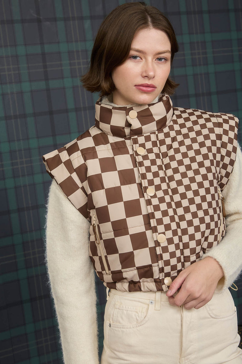 Checkered Cropped Zip-up Puffer Vest in Brown